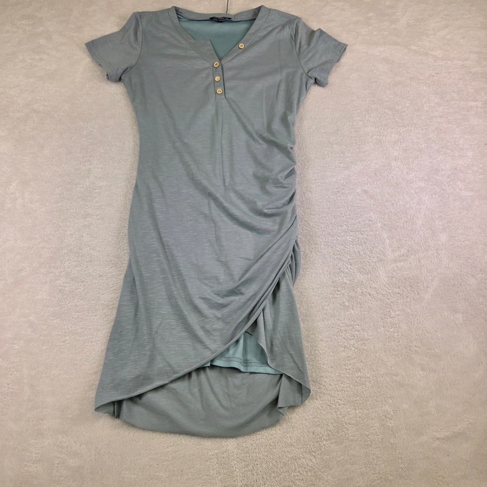 BTFBM Womens Sage Green Ruched Henley Tulip Hem Short Sleeve Dress Small